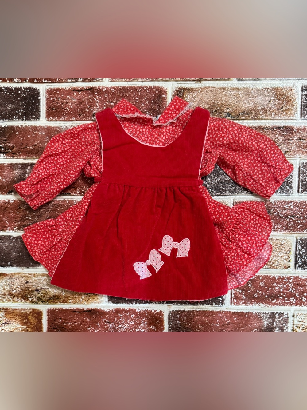 Vintage 2pc red bow dress & pinafore set 6-9m baby girl